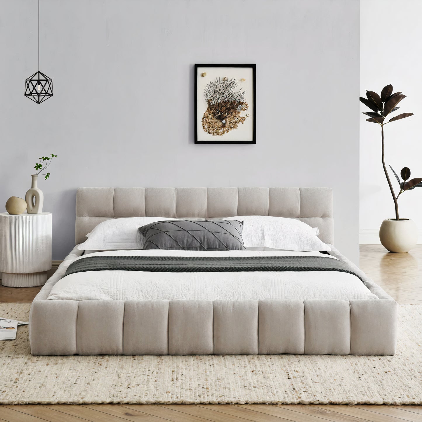 Queen Size Upholstered Platform Bed Frame with Chenille Fabric & Headboard