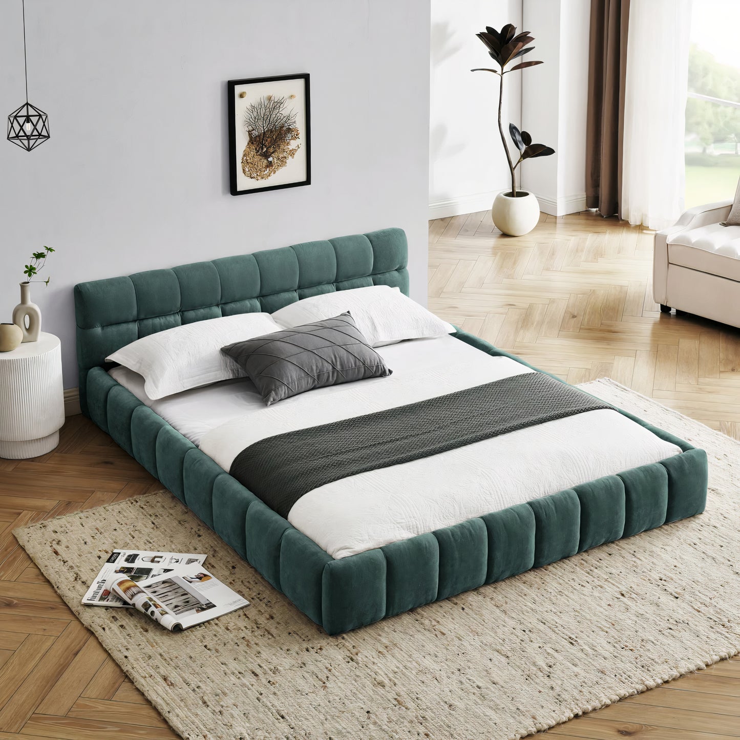 Queen Size Upholstered Platform Bed Frame with Chenille Fabric & Headboard