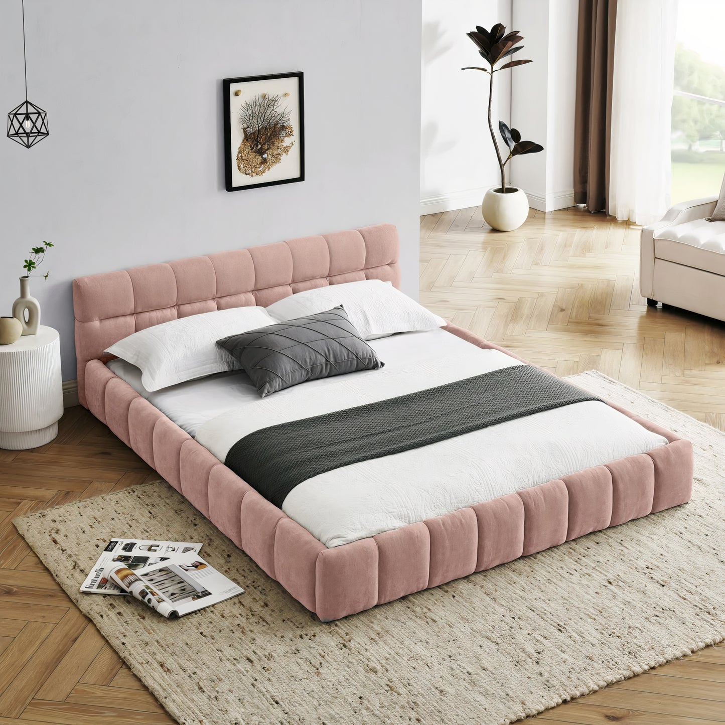 Queen Size Upholstered Platform Bed Frame with Chenille Fabric & Headboard