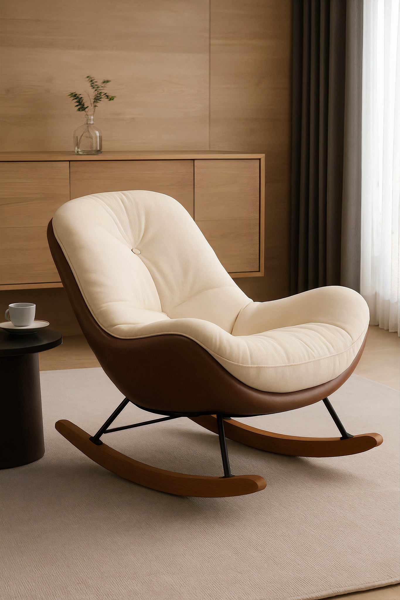 Minimalist Nordic Rocking Chair – Walnut Wood Base, Plush Cotton Upholstery & Suede Base
