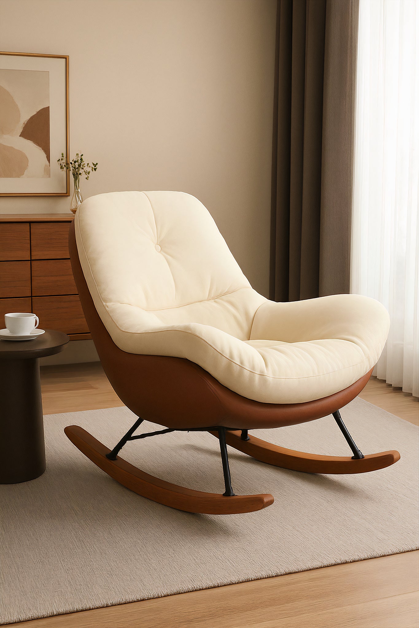 Minimalist Nordic Rocking Chair – Walnut Wood Base, Plush Cotton Upholstery & Suede Base