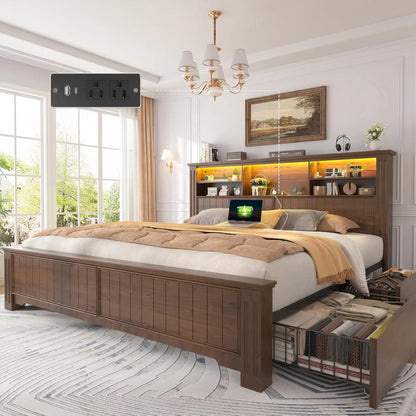 King Size Farmhouse Bed Frame with Headboard, 4 Storage Drawers, LED Lights & USB Charging Station