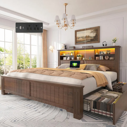 King Size Farmhouse Bed Frame with Headboard, 4 Storage Drawers, LED Lights & USB Charging Station