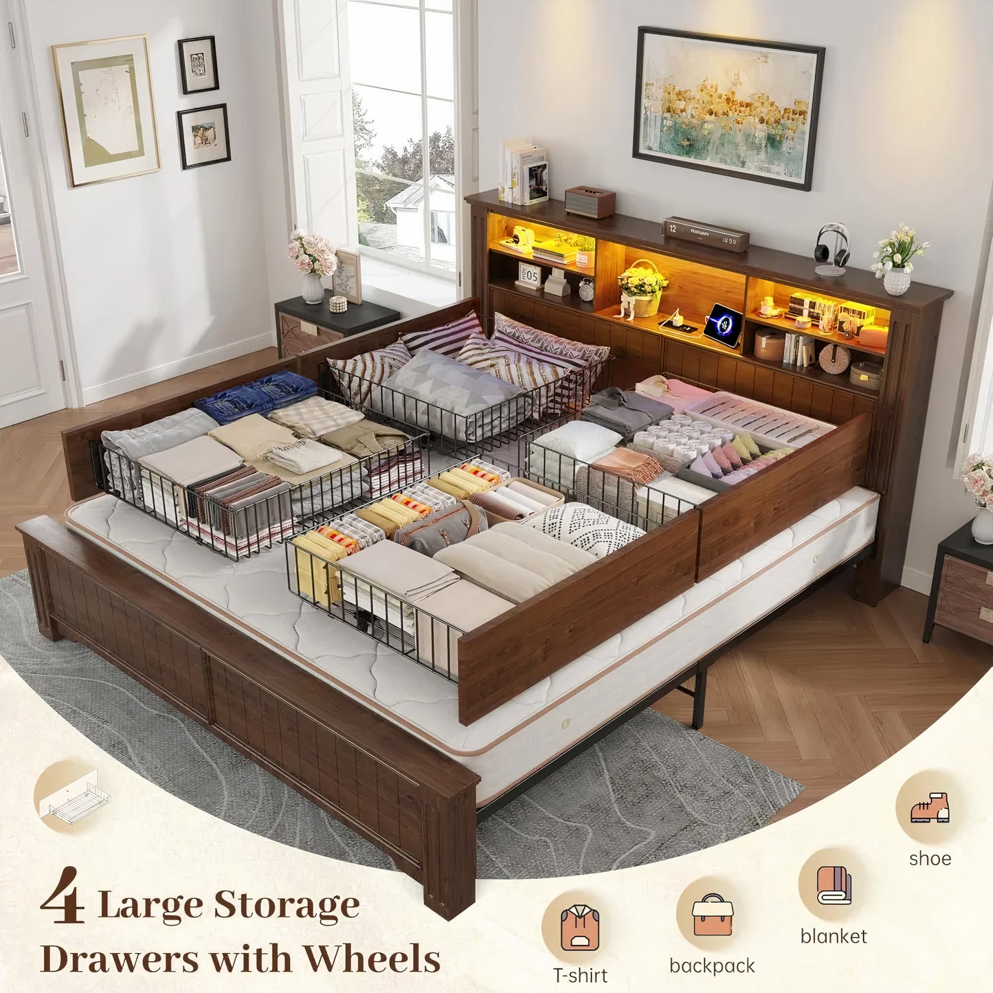 King Size Farmhouse Bed Frame with Headboard, 4 Storage Drawers, LED Lights & USB Charging Station