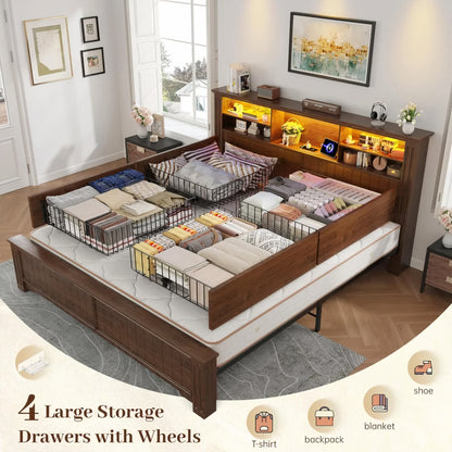 King Size Farmhouse Bed Frame with Headboard, 4 Storage Drawers, LED Lights & USB Charging Station