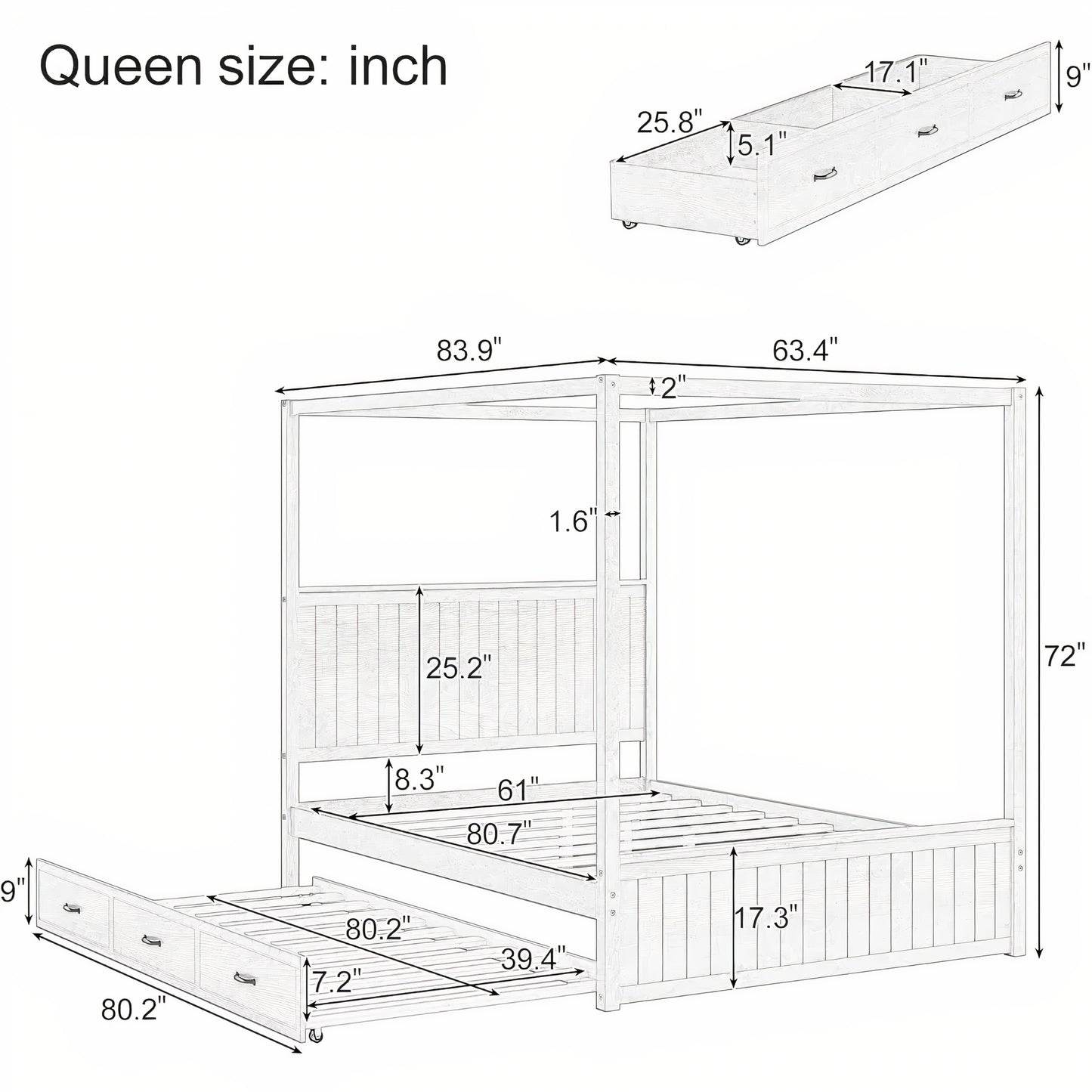 Queen Canopy Bed with Trundle & Storage – Solid Wood 4-Post Platform Bed Frame
