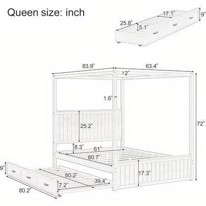 Queen Canopy Bed with Trundle & Storage – Solid Wood 4-Post Platform Bed Frame