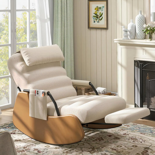 Corduroy Nursery Rocking Chair with Headrest & Side Pocket – Soft Padded Glider Accent Chair