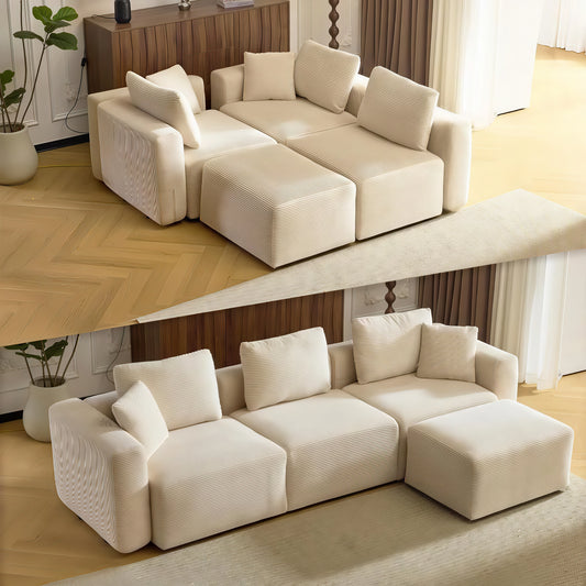 Convertible Corduroy Cloud Sectional Sofa with Movable Ottoman, L-Shaped Deep Seat Couch