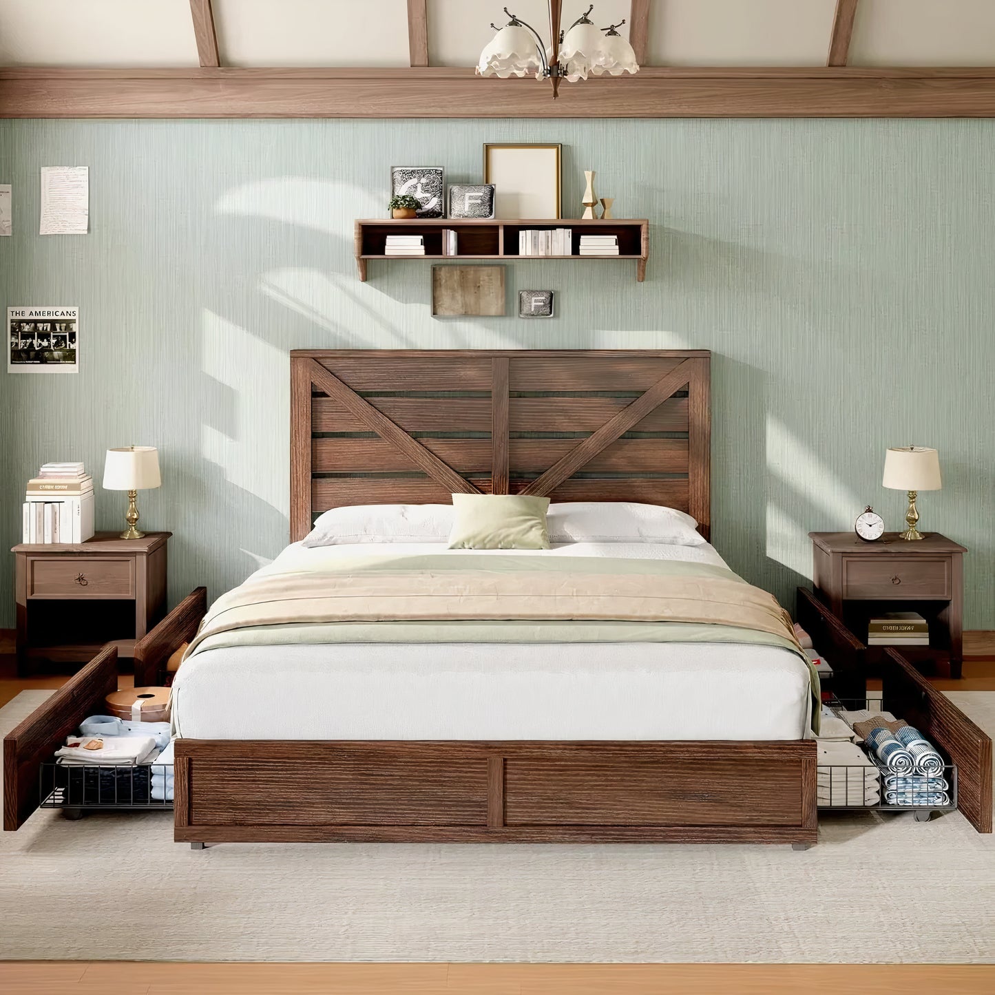 Queen Size Farmhouse Storage Bed Frame with Drawers & Headboard
