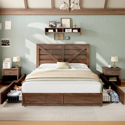Queen Size Farmhouse Storage Bed Frame with Drawers & Headboard