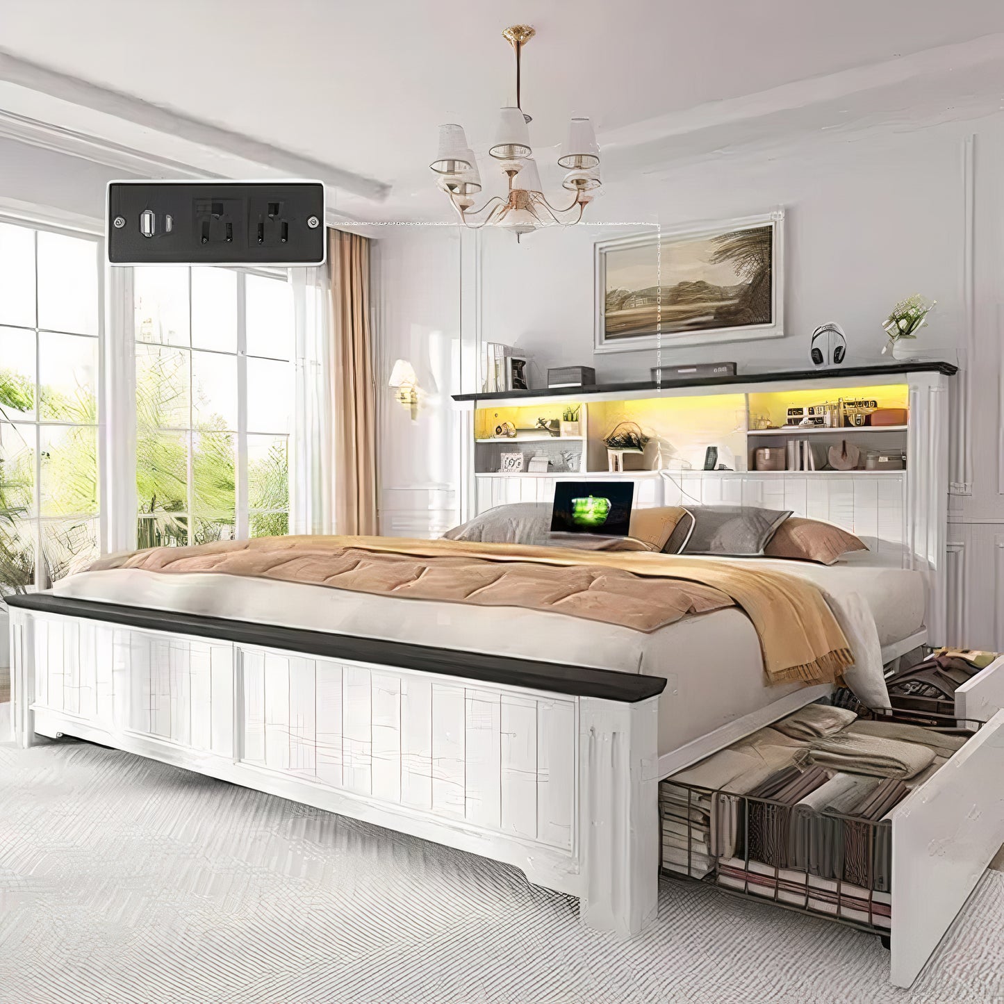 King Size Farmhouse Bed Frame with Headboard, 4 Storage Drawers, LED Lights & USB Charging Station