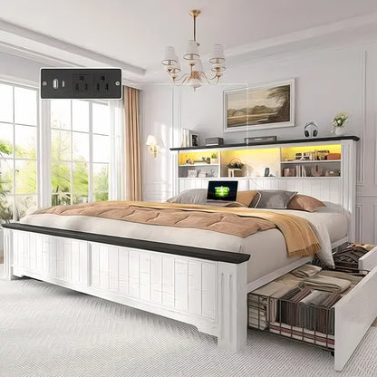 King Size Farmhouse Bed Frame with Headboard, 4 Storage Drawers, LED Lights & USB Charging Station