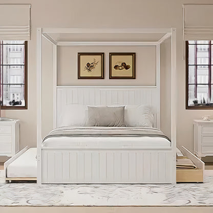 Queen Canopy Bed with Trundle & Storage – Solid Wood 4-Post Platform Bed Frame