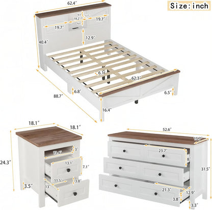3 Piece Queen Bedroom Set, Queen Size Wooden Platform Bed with Storage Headboard, Cabinet and Nightstand