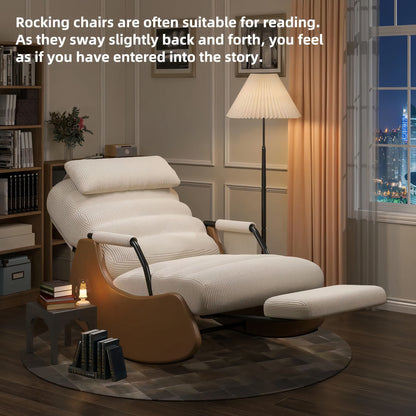 Corduroy Nursery Rocking Chair with Headrest & Side Pocket – Soft Padded Glider Accent Chair