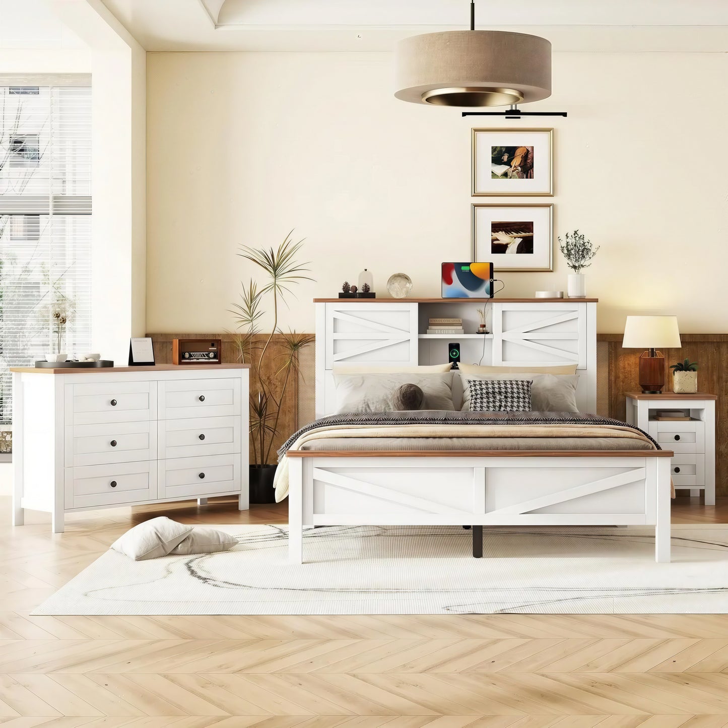 3 Piece Queen Bedroom Set, Queen Size Wooden Platform Bed with Storage Headboard, Cabinet and Nightstand