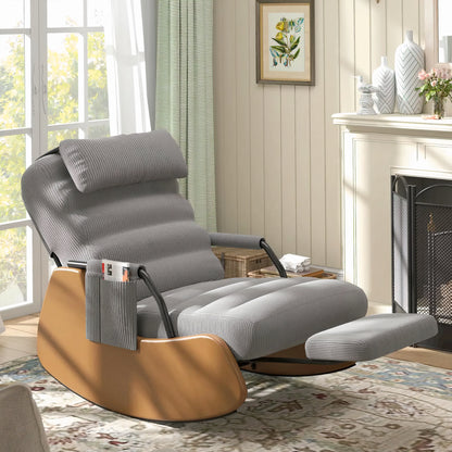 Corduroy Nursery Rocking Chair with Headrest & Side Pocket – Soft Padded Glider Accent Chair