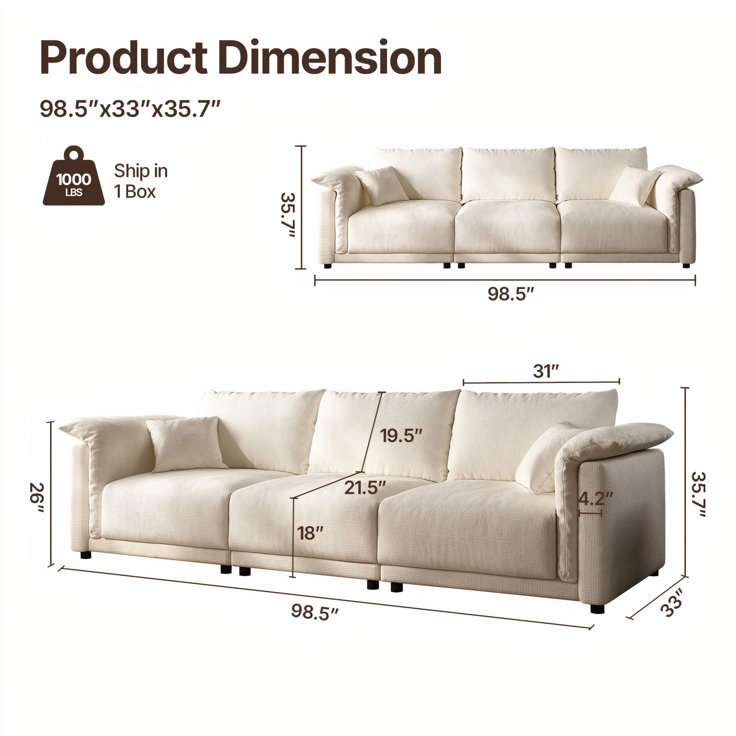 98.5'' Cloud Modular Sectional Sofa – 3 Seat Convertible Deep Seat Couch for Living Room
