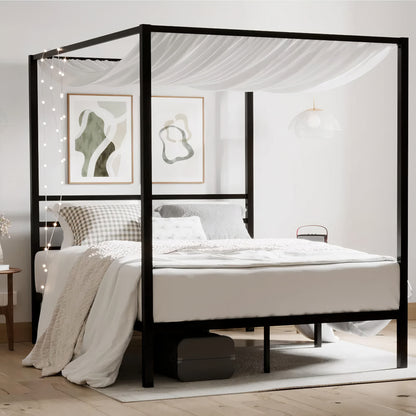 Full Size Metal Canopy Bed Frame – Modern 4 Poster Platform with Storage