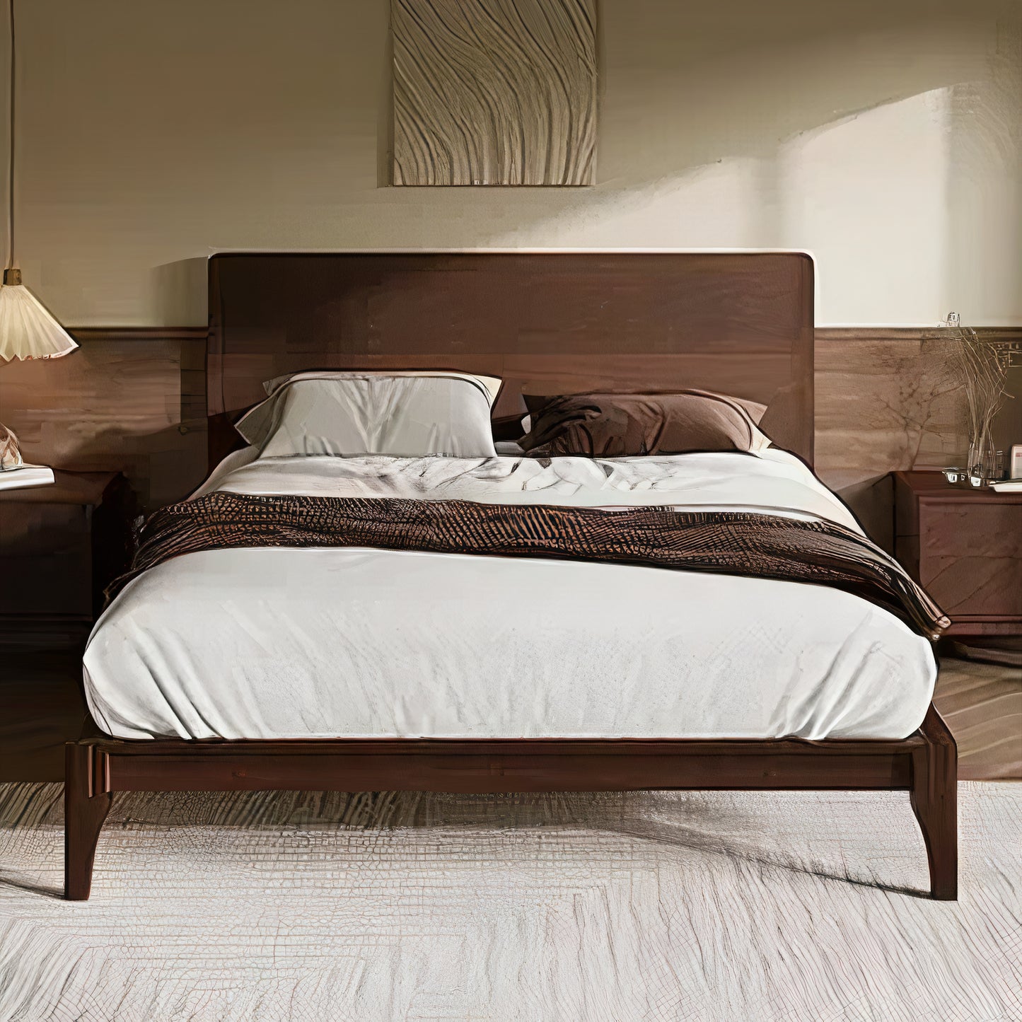 Queen Size Bamboo Platform Bed – Mid-Century Modern Frame with Tall Headboard & Wood Slat Support