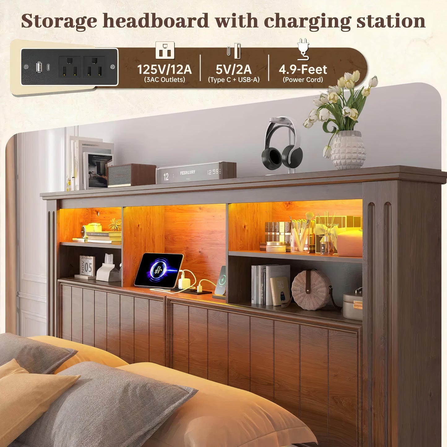 King Size Farmhouse Bed Frame with Headboard, 4 Storage Drawers, LED Lights & USB Charging Station