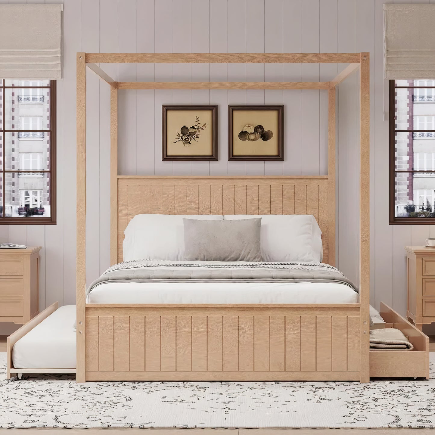 Queen Canopy Bed with Trundle & Storage – Solid Wood 4-Post Platform Bed Frame
