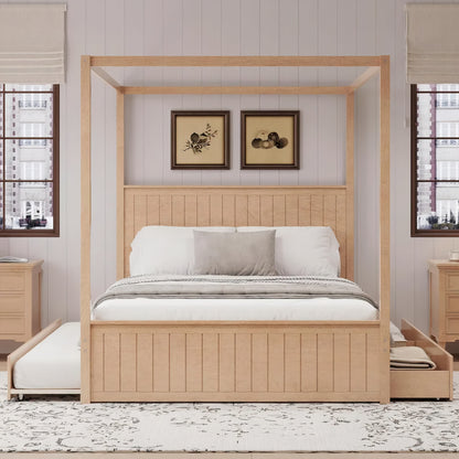 Queen Canopy Bed with Trundle & Storage – Solid Wood 4-Post Platform Bed Frame