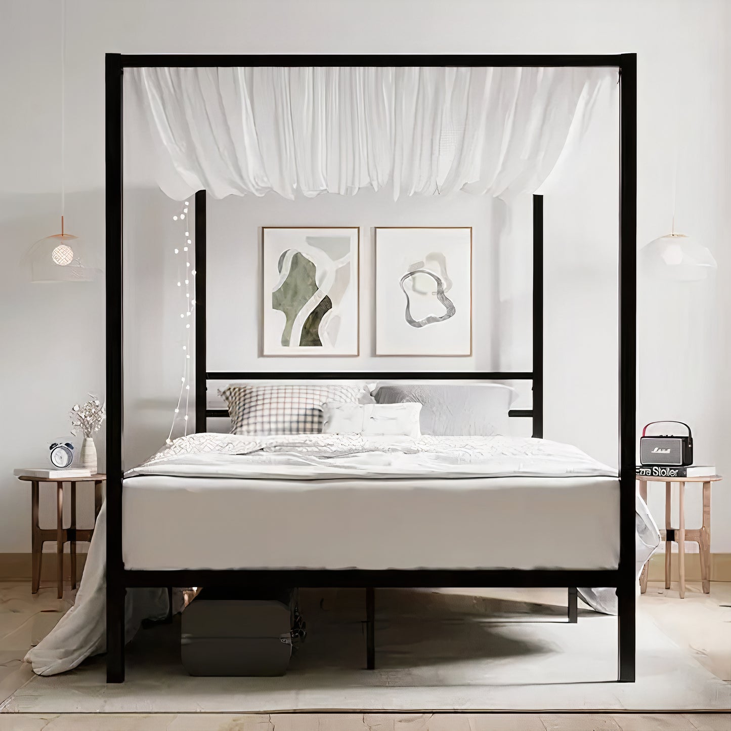 Full Size Metal Canopy Bed Frame – Modern 4 Poster Platform with Storage