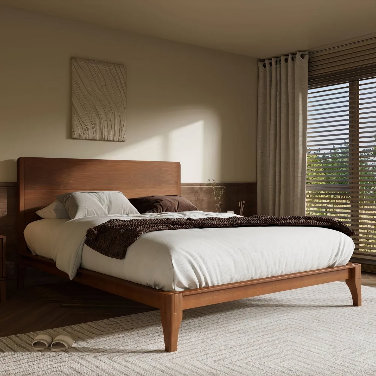 Queen Size Bamboo Platform Bed – Mid-Century Modern Frame with Tall Headboard & Wood Slat Support