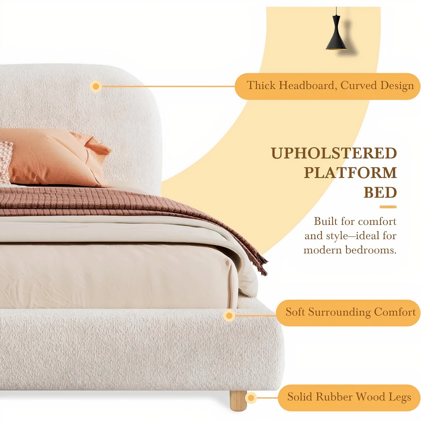 King Size Upholstered Platform Bed with Curved Headboard – Teddy Fleece Fabric, Solid Wood Frame