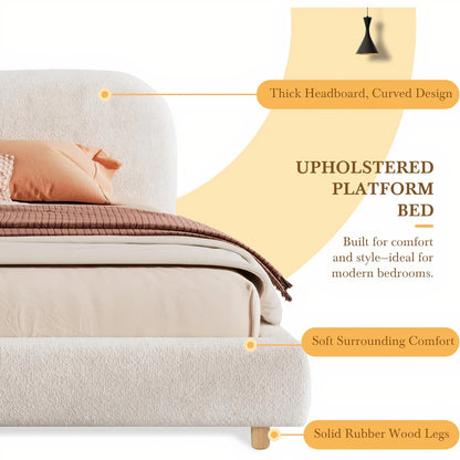 King Size Upholstered Platform Bed with Curved Headboard – Teddy Fleece Fabric, Solid Wood Frame