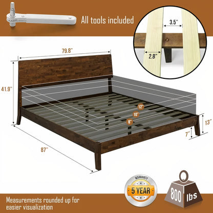 King Size Solid Wood Bed Frame with Headboard – Heavy Duty 800 lbs Capacity, No Box Spring Needed, Mattress Support Platform