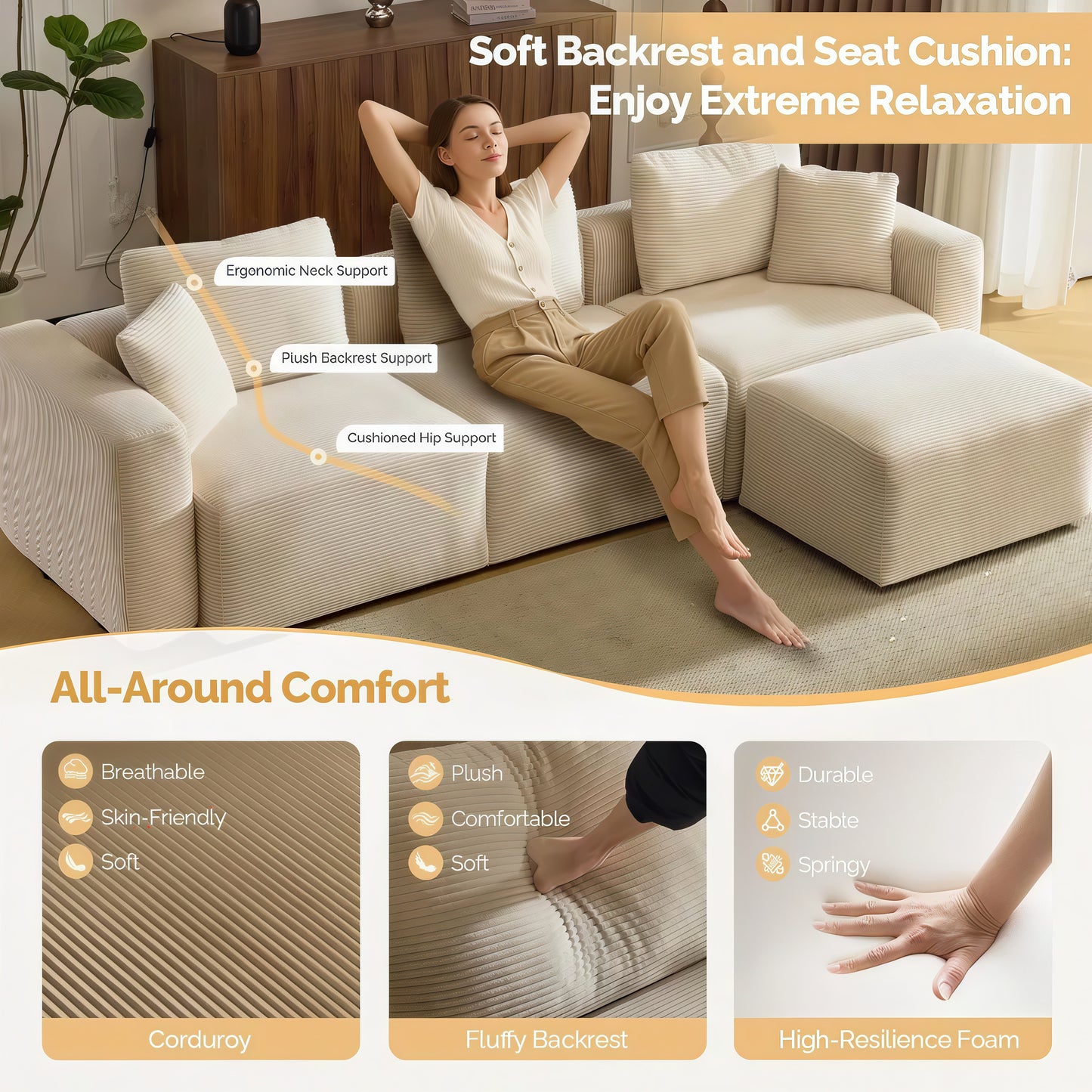 Convertible Corduroy Cloud Sectional Sofa with Movable Ottoman, L-Shaped Deep Seat Couch