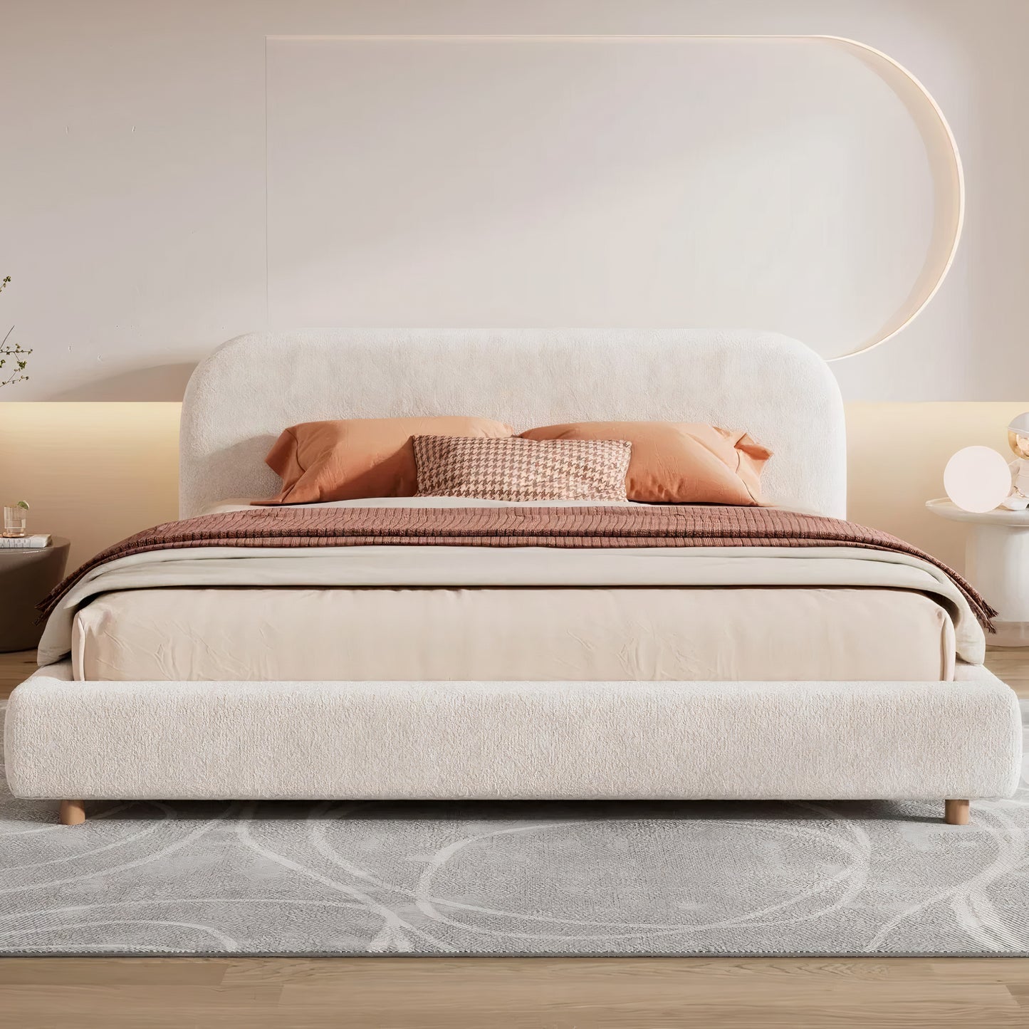 King Size Upholstered Platform Bed with Curved Headboard – Teddy Fleece Fabric, Solid Wood Frame