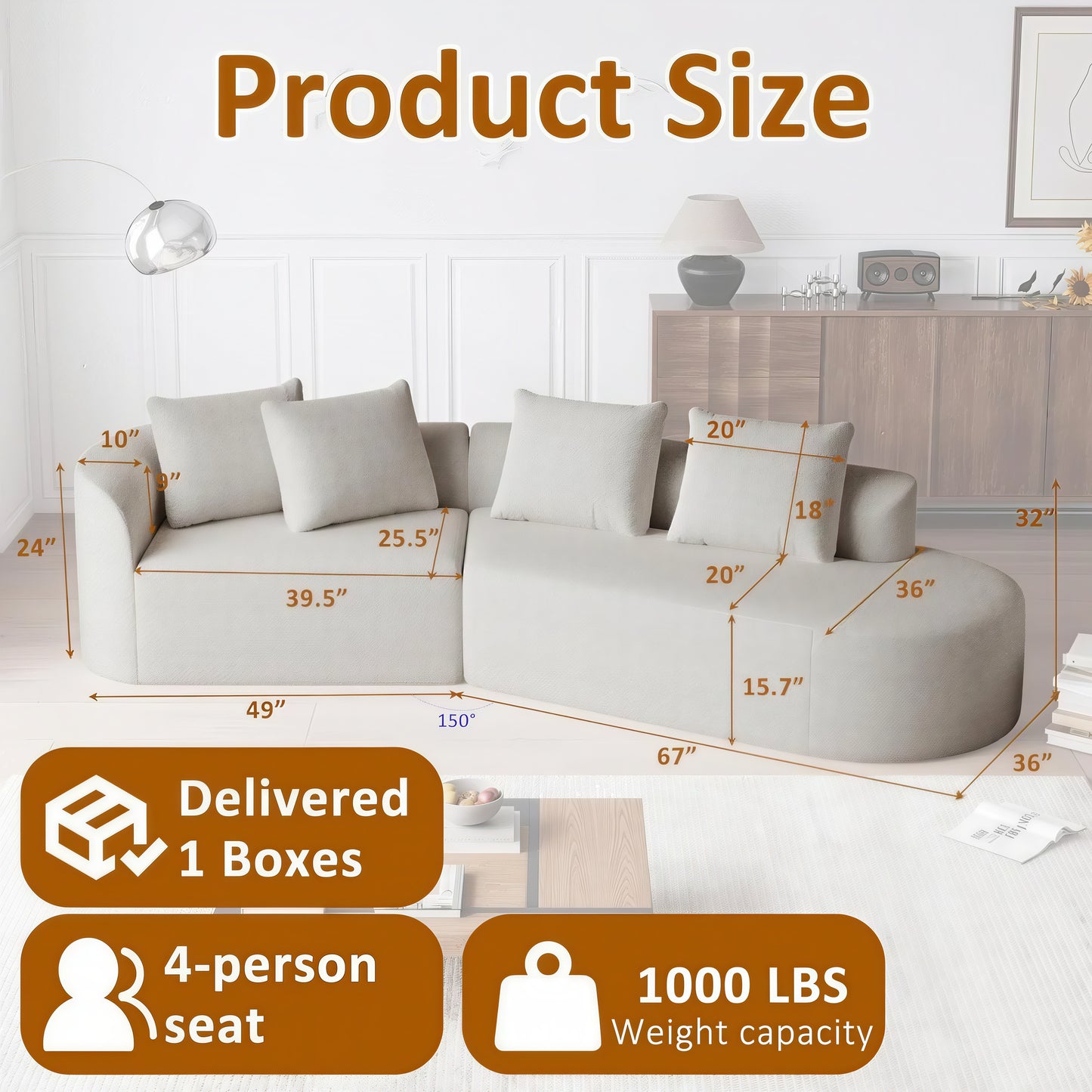112'' Modern Cloud Sectional Sofa – Chenille 4-Seater Curved Couch with Pillows, Extra Deep & Wide Seat
