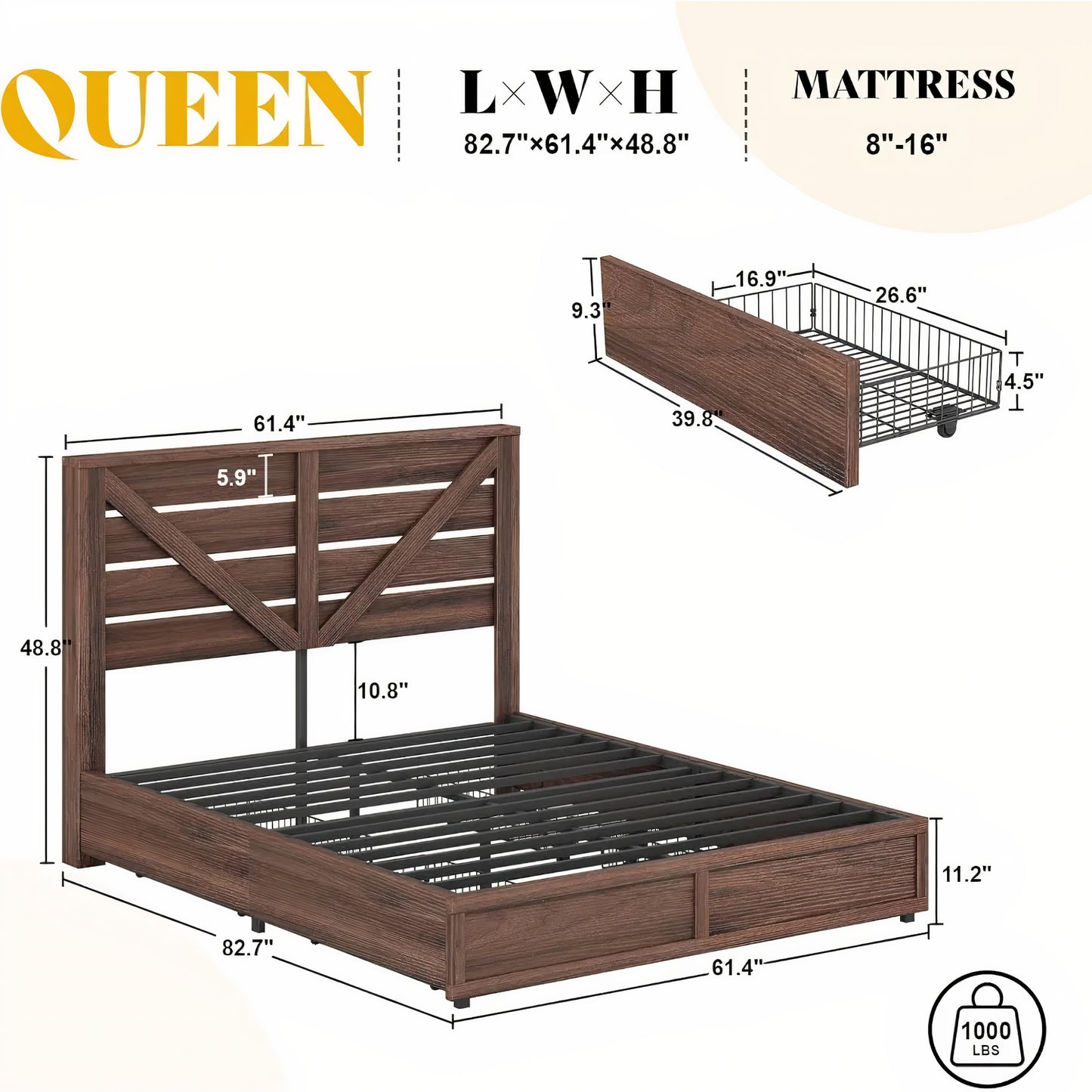 Queen Size Farmhouse Storage Bed Frame with Drawers & Headboard