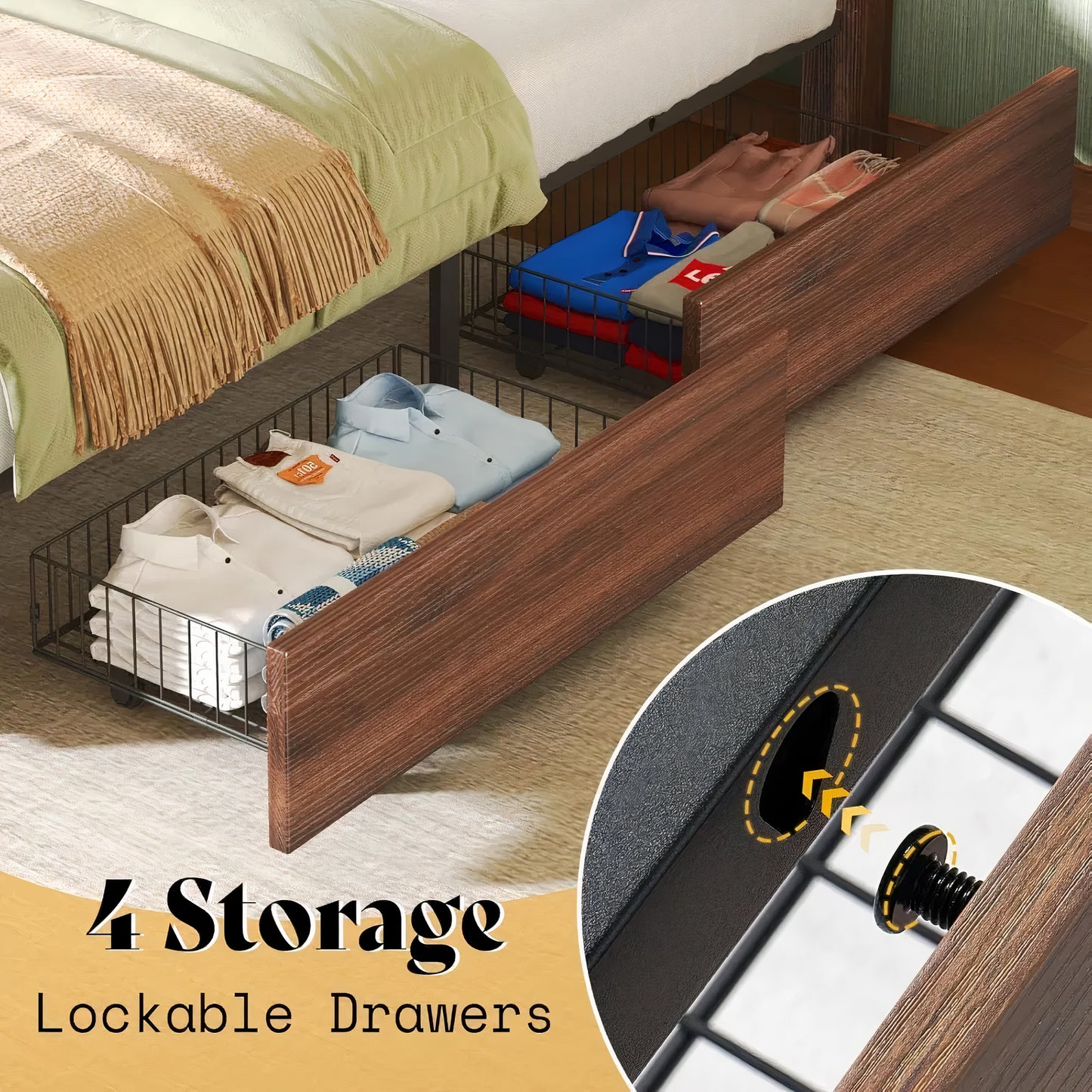 Queen Size Farmhouse Storage Bed Frame with Drawers & Headboard