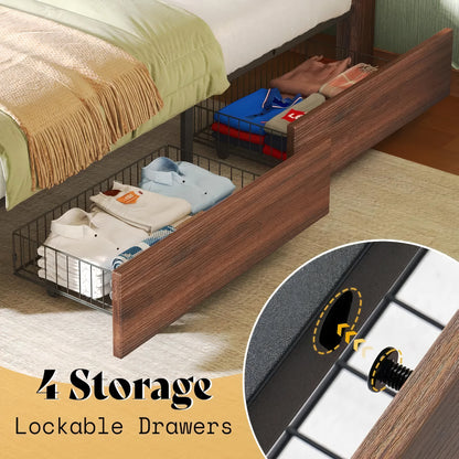 Queen Size Farmhouse Storage Bed Frame with Drawers & Headboard