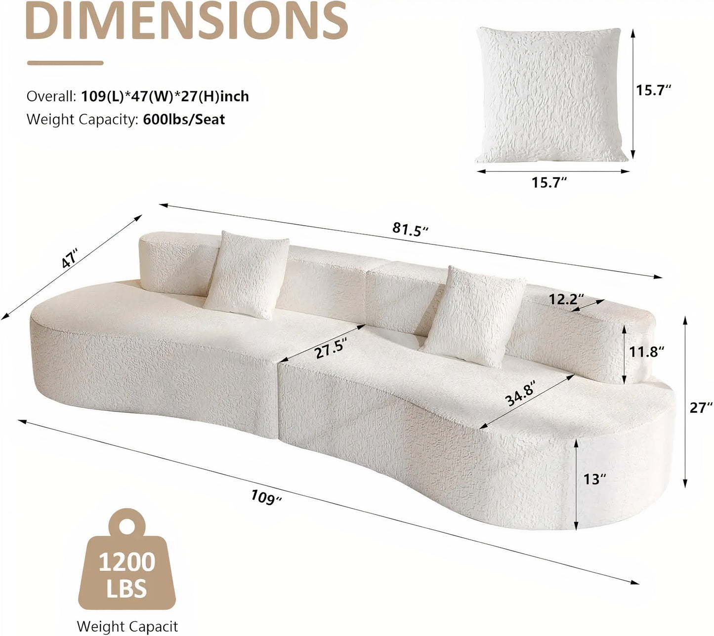 109" Modern Curved Sectional Sofa, 4-Seater Chenille, 2 Pillows