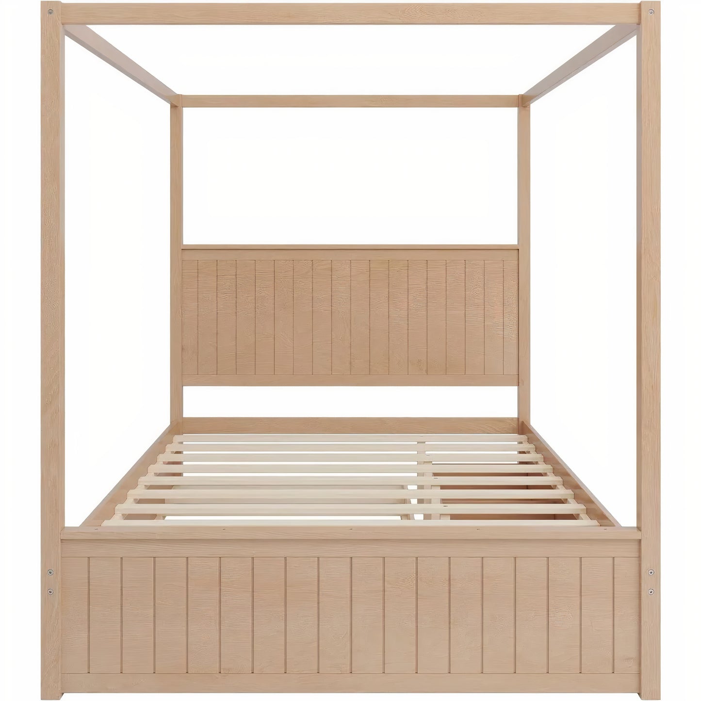 Queen Canopy Bed with Trundle & Storage – Solid Wood 4-Post Platform Bed Frame