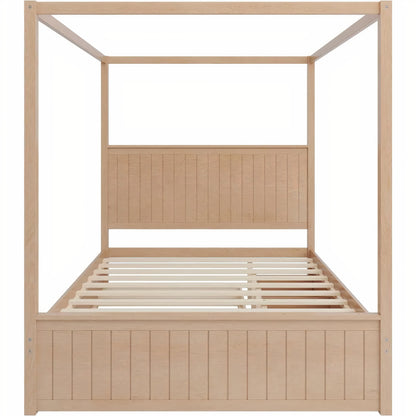 Queen Canopy Bed with Trundle & Storage – Solid Wood 4-Post Platform Bed Frame