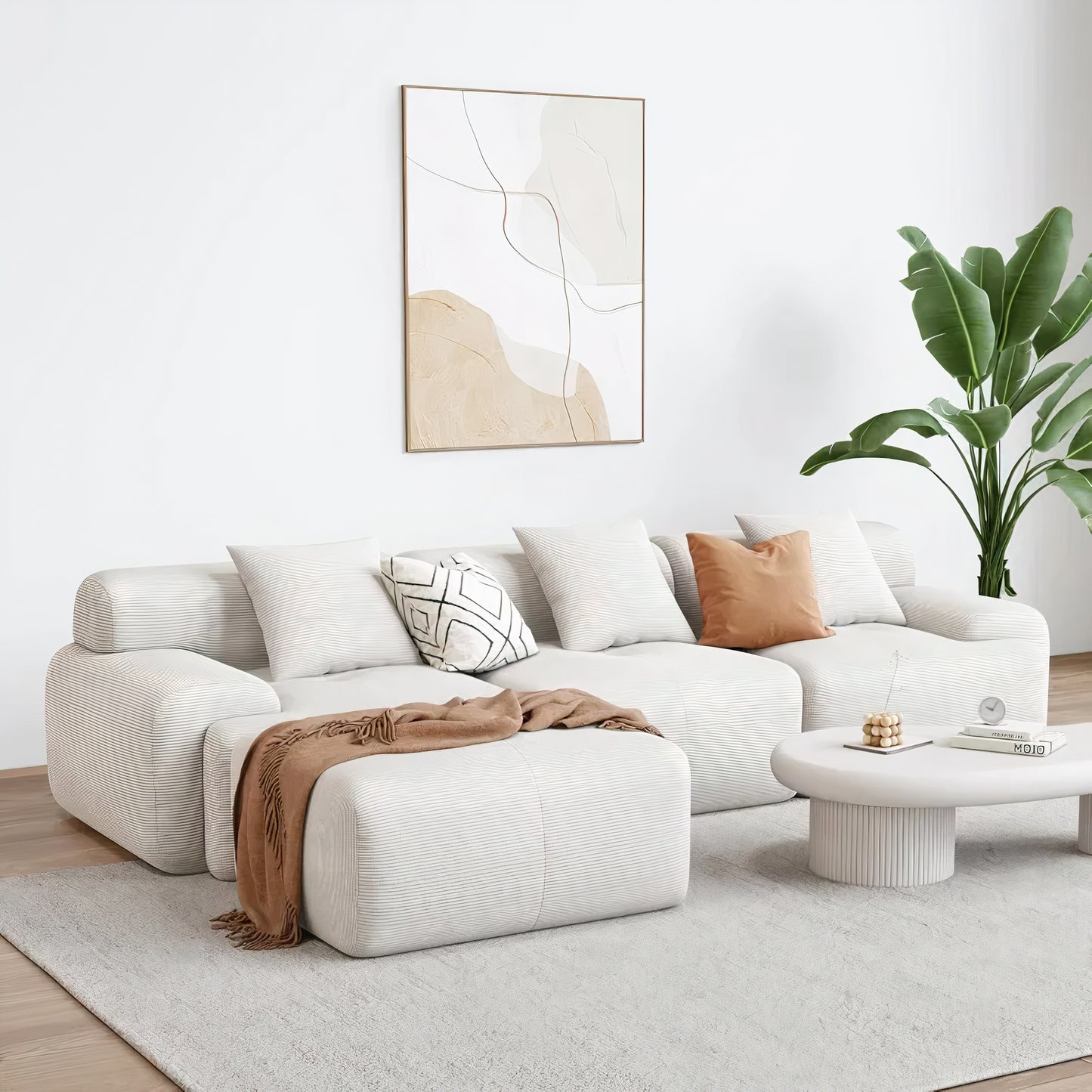 118'' L-Shaped Sectional Sofa – Oversized Beige Corduroy 3-Seater with Chaise for Living Room