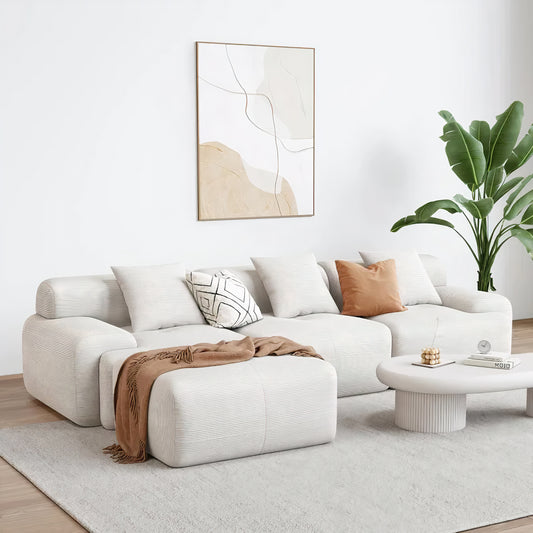 118'' L-Shaped Sectional Sofa – Oversized Beige Corduroy 3-Seater with Chaise for Living Room
