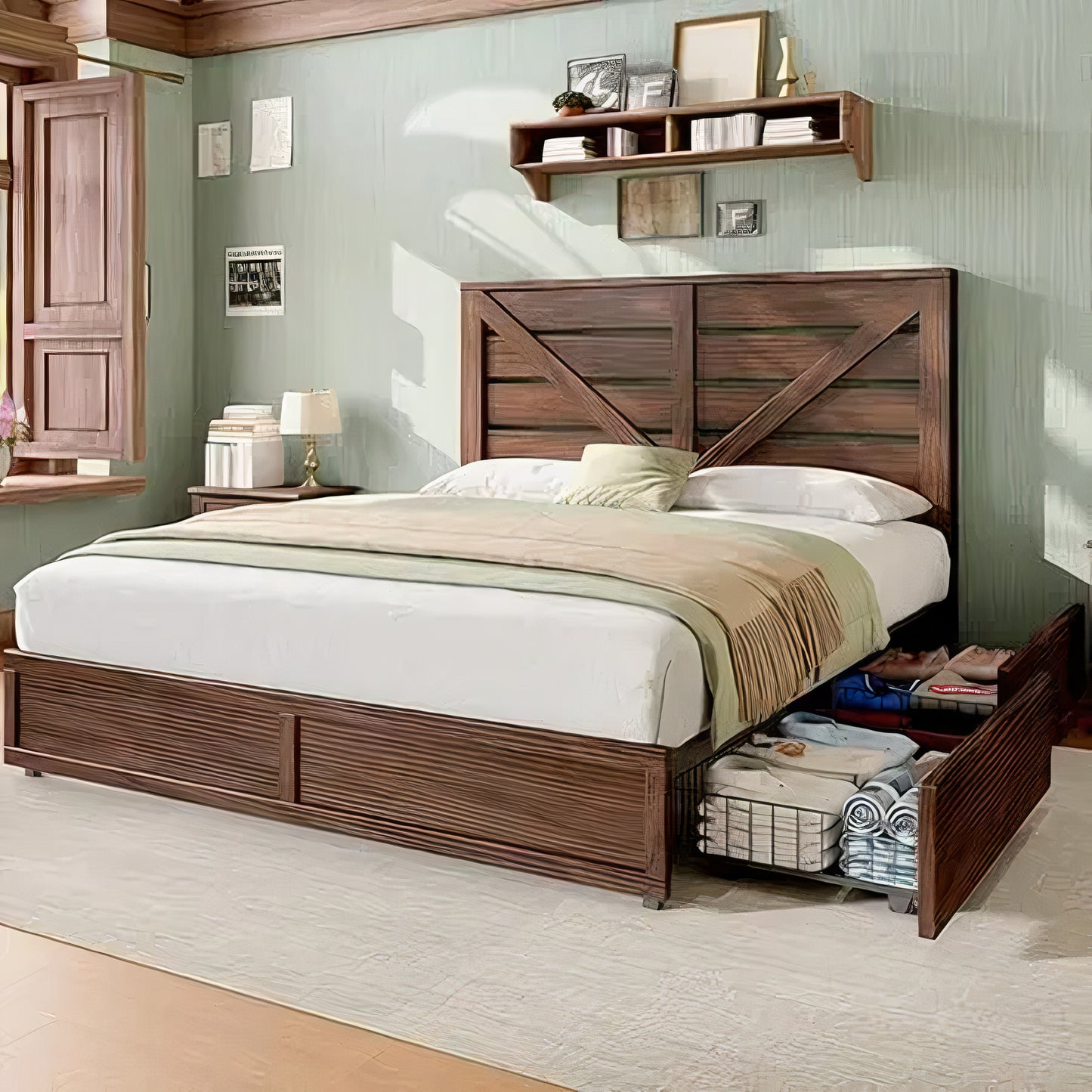 Queen Size Farmhouse Storage Bed Frame with Drawers & Headboard