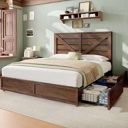 Queen Size Farmhouse Storage Bed Frame with Drawers & Headboard