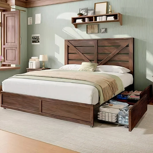 Queen Size Farmhouse Storage Bed Frame with Drawers & Headboard