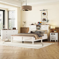 3 Piece Queen Bedroom Set, Queen Size Wooden Platform Bed with Storage Headboard, Cabinet and Nightstand