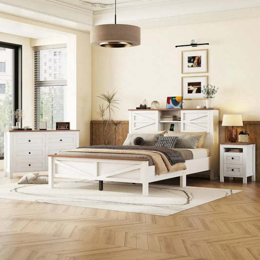 3 Piece Queen Bedroom Set, Queen Size Wooden Platform Bed with Storage Headboard, Cabinet and Nightstand