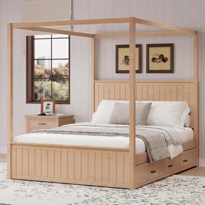 Queen Canopy Bed with Trundle & Storage – Solid Wood 4-Post Platform Bed Frame
